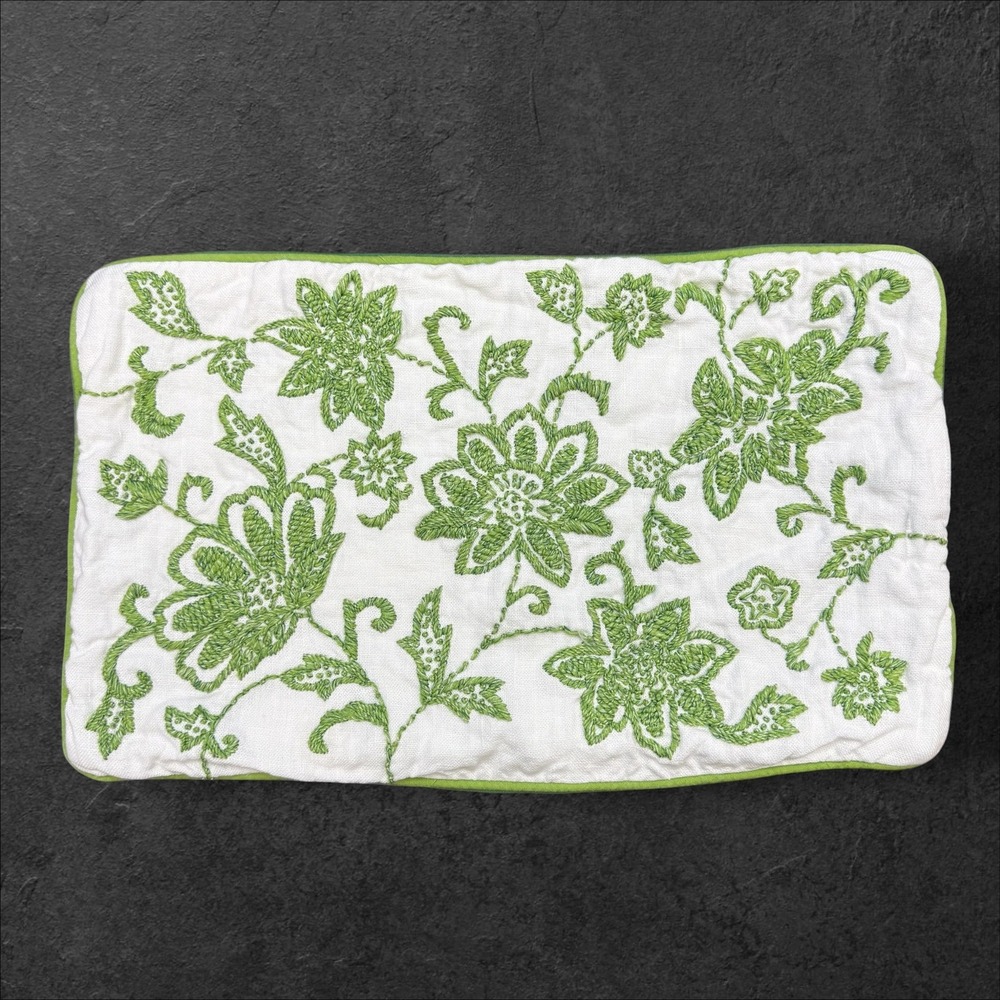 Serena & Lily Margot White Green Embroidered Linen Lumbar Pillow Cover 12x22